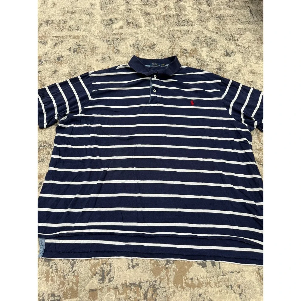 Polo Ralph Lauren Mens 3XB Navy Blue White Striped Short Sleeve Polo Shirt